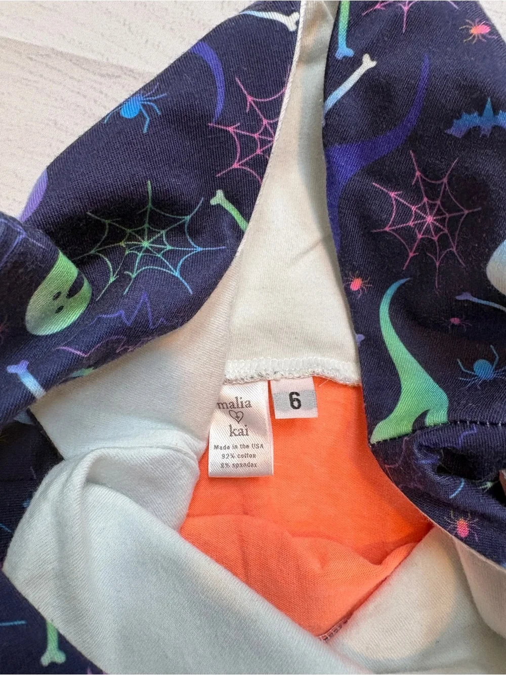 Malia and Kai Navy Ghost Print Bodice with Bright Orange Skirt Dress
